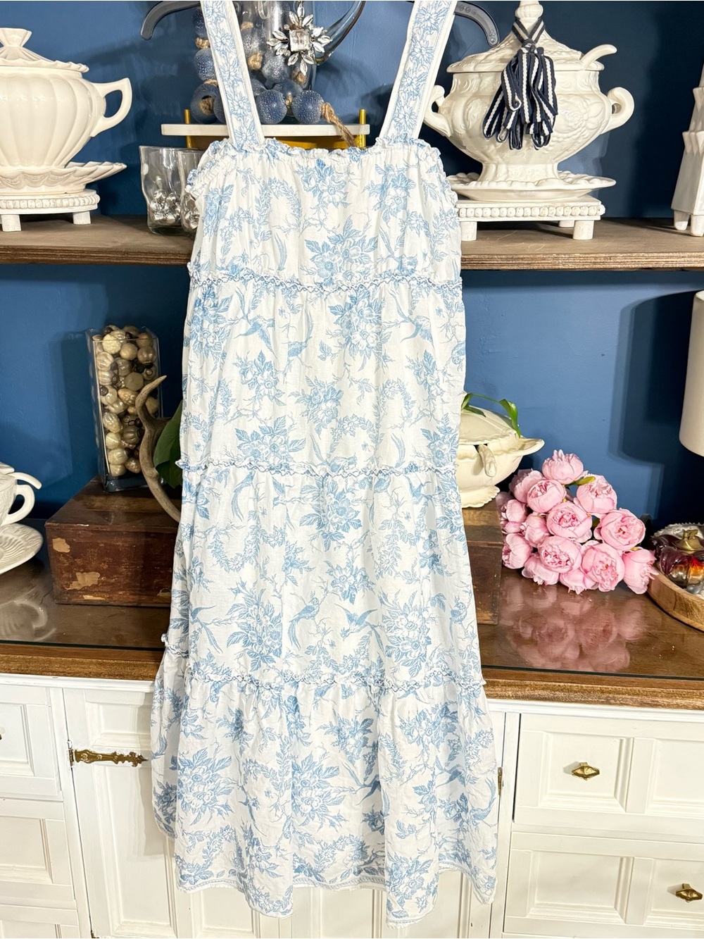 Max Studio White Sundress with Blue Floral Trim